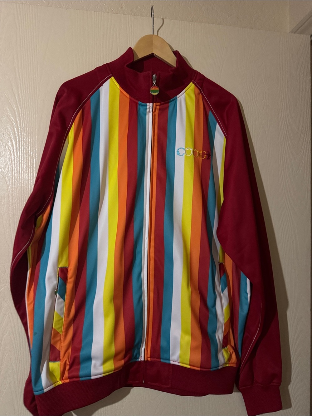 COOGI Burgundy Track Jacket with Multicolor Vertical Stripes